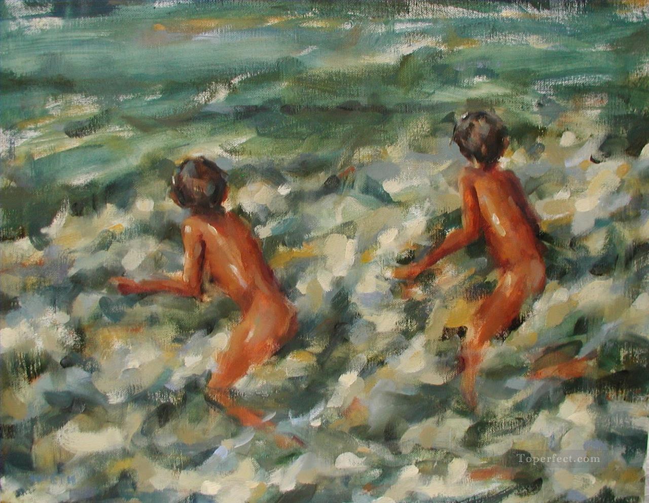 boy playing waves Oil Paintings